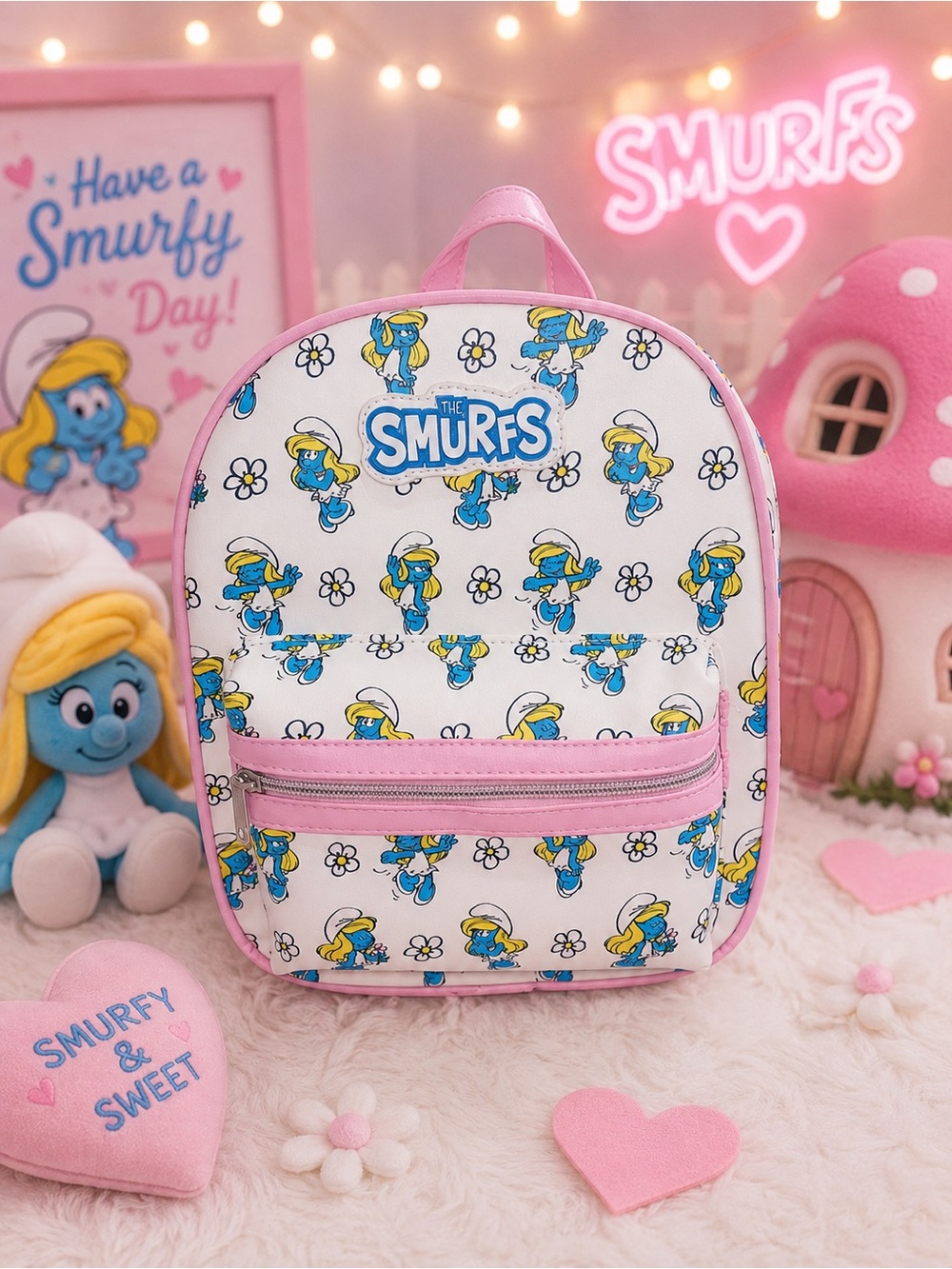 NWT Claire’s Exclusive The Smurfs Smurfette Mini Backpack Pink White Kawaii